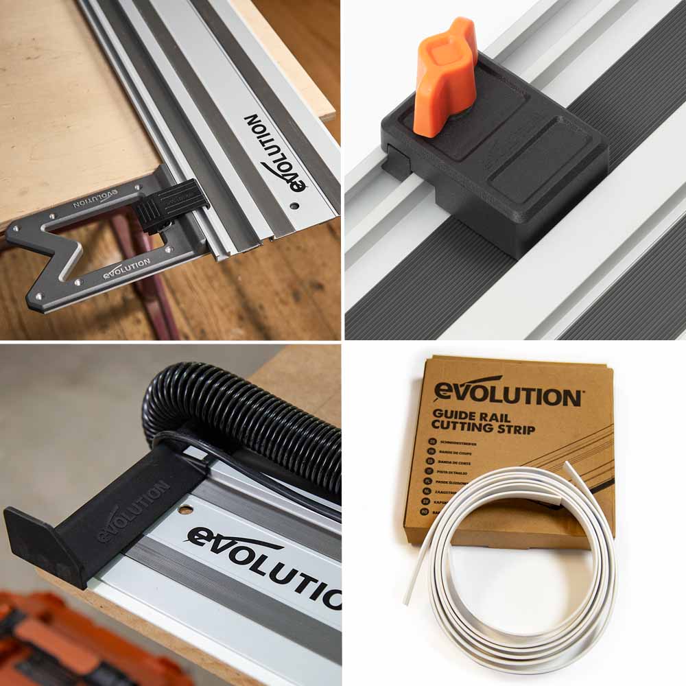 Kit d’accessoires pour rail de guidage de scie : équerre, guide-câble, butée et bande de protection.