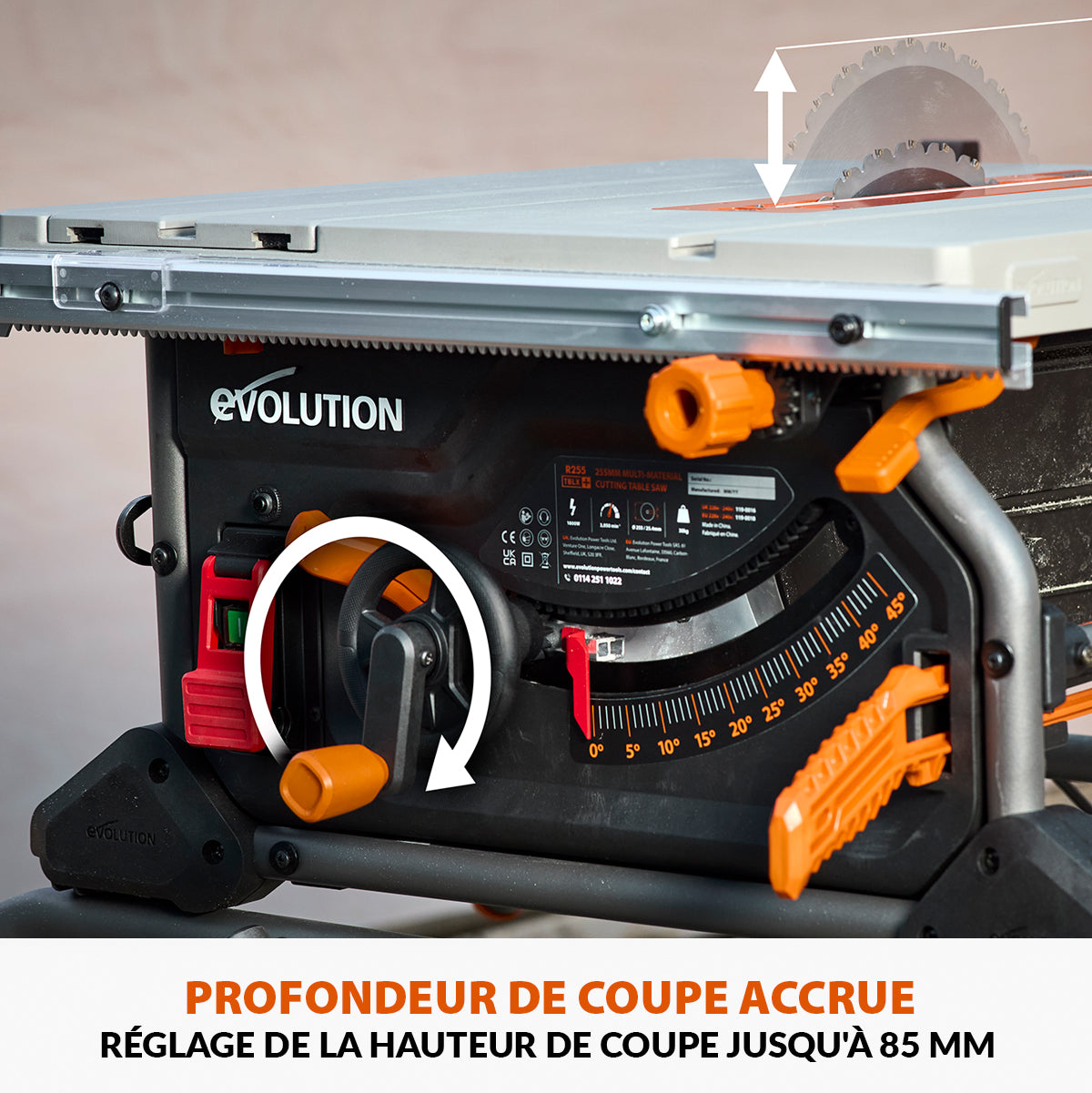 Pack Evolution : Scie sur table Evolution R255TBL+ 255mm 1800W avec lame multi-matériaux TCT + lame expert bois supplémentaire