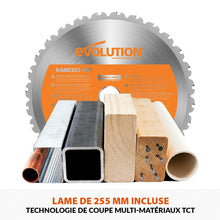 Pack Evolution : Scie sur table Evolution R255TBL+ 255mm 1800W avec lame multi-matériaux TCT + lame expert bois supplémentaire