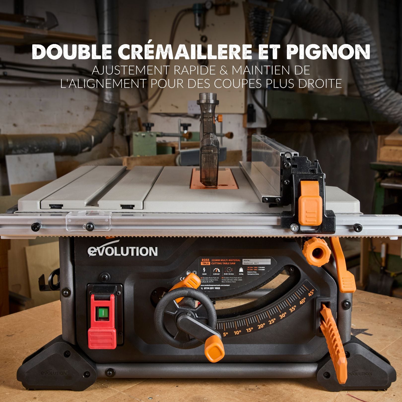 Pack Evolution : Scie sur table Evolution R255TBL 255mm 1650W avec lame multi-matériaux TCT + lame bois supplémentaire