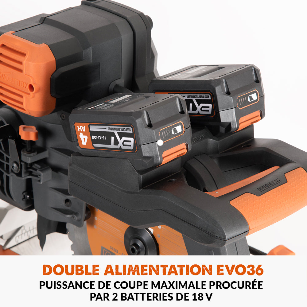 Pack Evolution : Scie à onglet de 255mm sans fil double biseau R255SMS-DB-Li avec lame multi-matériaux TCT et batteries 5Ah avec double chargeur + Support Evolution PLUS