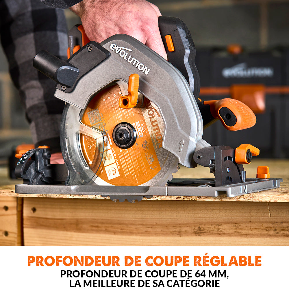 Scie circulaire sans fil 185mm Evolution R185CCSX-Li compatible avec rail de guidage (outil nu)