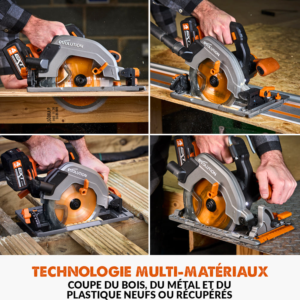 Scie circulaire sans fil 185mm Evolution R185CCSX-Li compatible avec rail de guidage (outil nu)