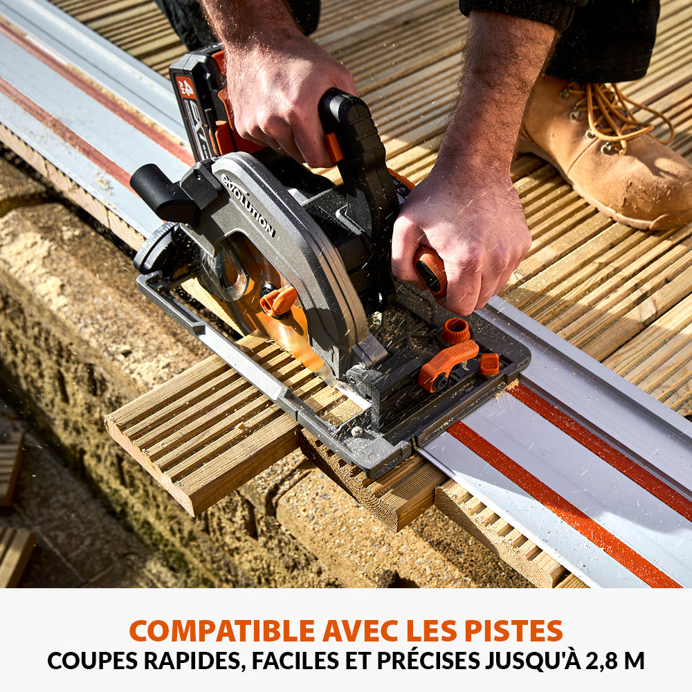 Pack Evolution : Scie circulaire sans fil 185mm Evolution R185CCSX-Li avec batterie 4Ah et chargeur + guide de coupe 2.8m ST2800-G2