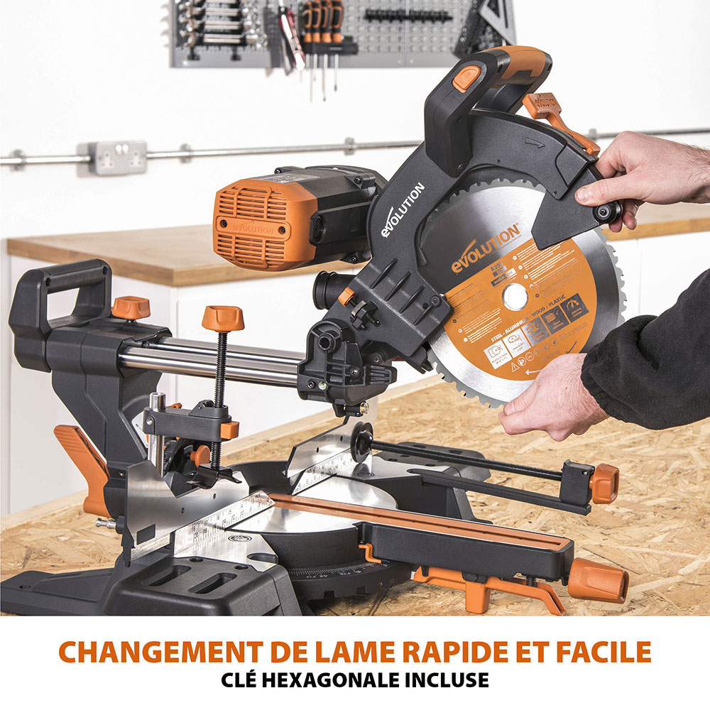 Pack Evolution : Scie à onglet de 255mm double biseau R255SMS-DB+ avec lame multi-matériaux TCT + lame expert bois supplémentaire