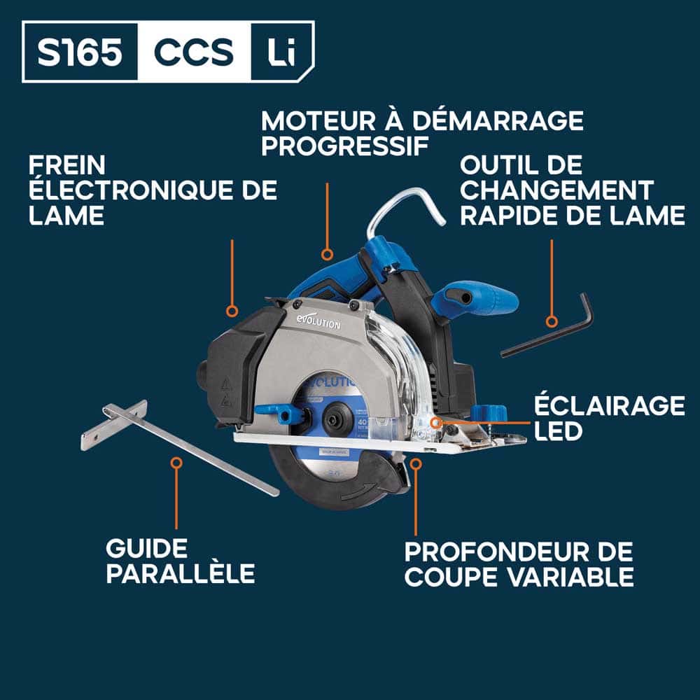Pack Evolution : Scie circulaire sans fil 165mm Evolution S165CCS-Li à métaux avec batterie 5Ah et chargeur + guide de coupe 2.8m ST2800-G2