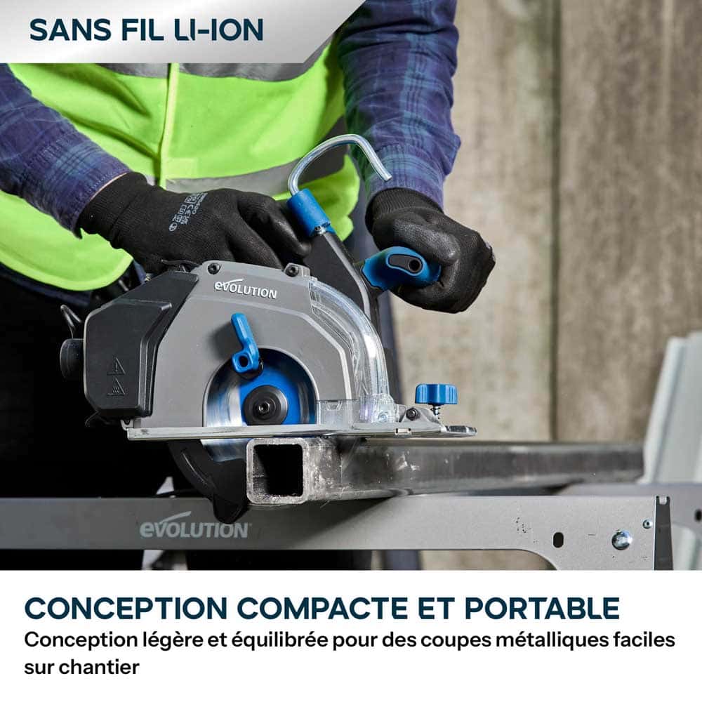 Pack Evolution : Scie circulaire sans fil 165mm Evolution S165CCS-Li à métaux avec batterie 5Ah et chargeur + guide de coupe 2.8m ST2800-G2