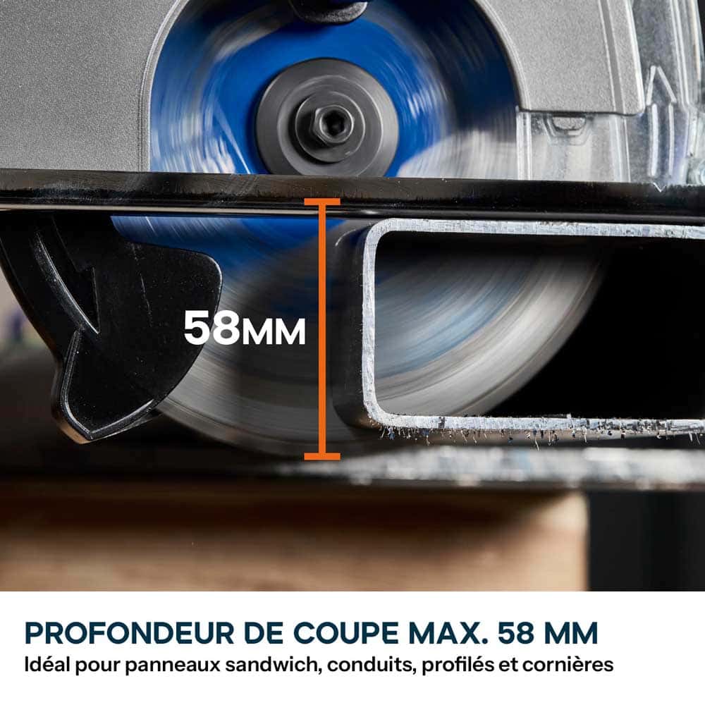 Pack Evolution : Scie circulaire sans fil 165mm Evolution S165CCS-Li à métaux avec batterie 5Ah et chargeur + guide de coupe 2.8m ST2800-G2