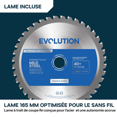 Pack Evolution : Scie circulaire sans fil 165mm Evolution S165CCS-Li à métaux avec batterie 5Ah et chargeur + guide de coupe 2.8m ST2800-G2