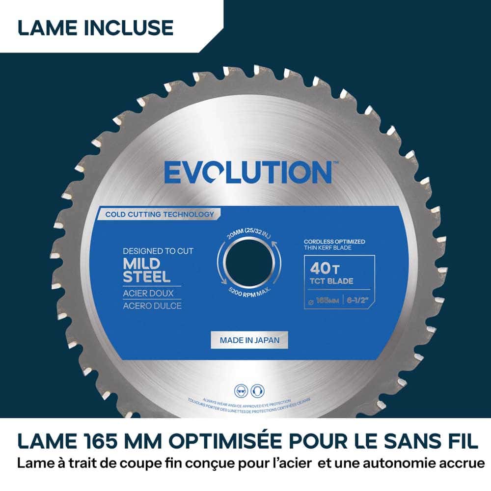 Pack Evolution : Scie circulaire sans fil 165mm Evolution S165CCS-Li à métaux avec batterie 5Ah et chargeur + guide de coupe 2.8m ST2800-G2