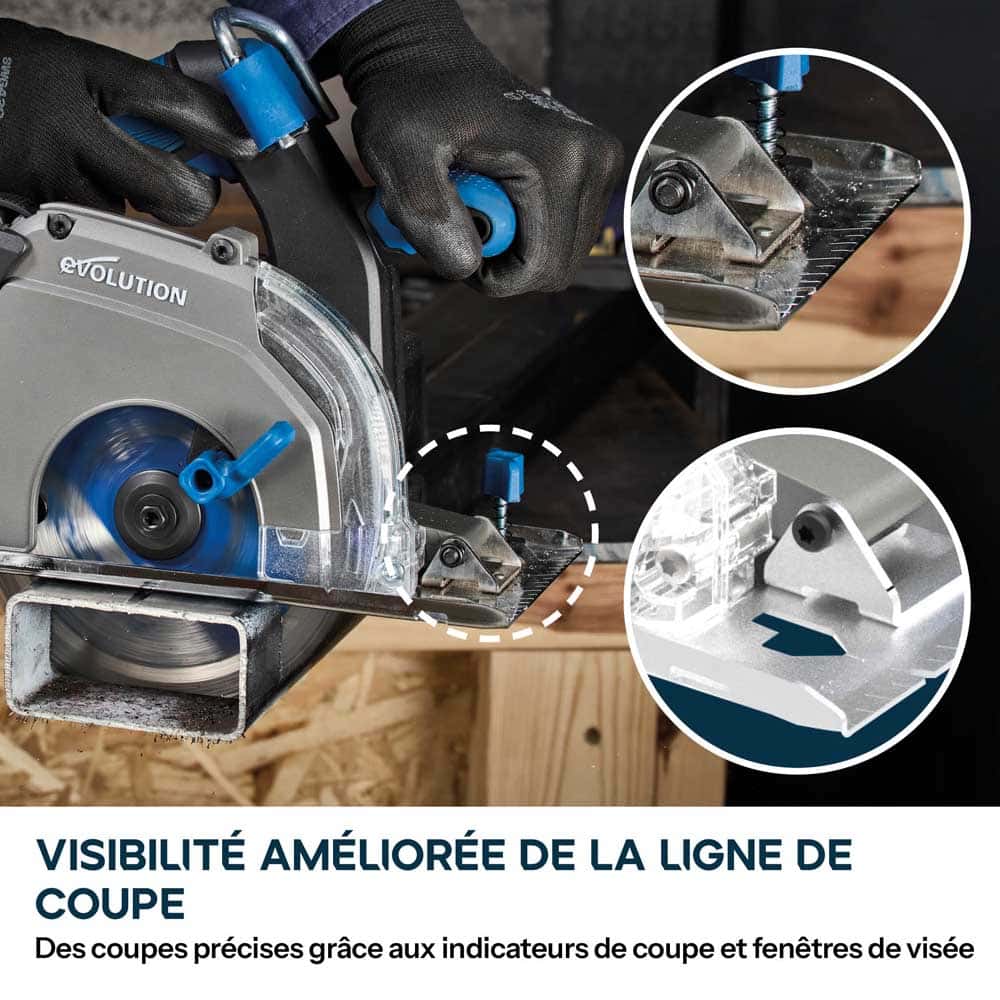 Pack Evolution : Scie circulaire sans fil 165mm Evolution S165CCS-Li à métaux avec batterie 5Ah et chargeur + guide de coupe 2.8m ST2800-G2