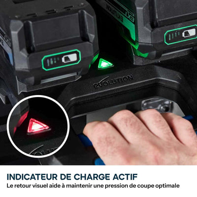 Pack Evolution : Scie à tronçonner sans fil de 355mm Evolution S355CPS-Li pour la coupe du métal avec batteries 8Ah et double chargeur + Support mobile pliable tout-terrain à vérin