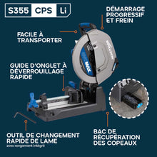 Pack Evolution : Scie à tronçonner sans fil de 355mm Evolution S355CPS-Li pour la coupe du métal avec batteries 8Ah et double chargeur + Support mobile pliable tout-terrain à vérin