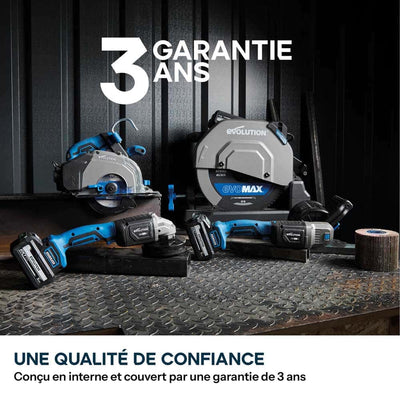 Pack Evolution : Scie à tronçonner sans fil de 355mm Evolution S355CPS-Li pour la coupe du métal avec batteries 8Ah et double chargeur + Support mobile pliable tout-terrain à vérin