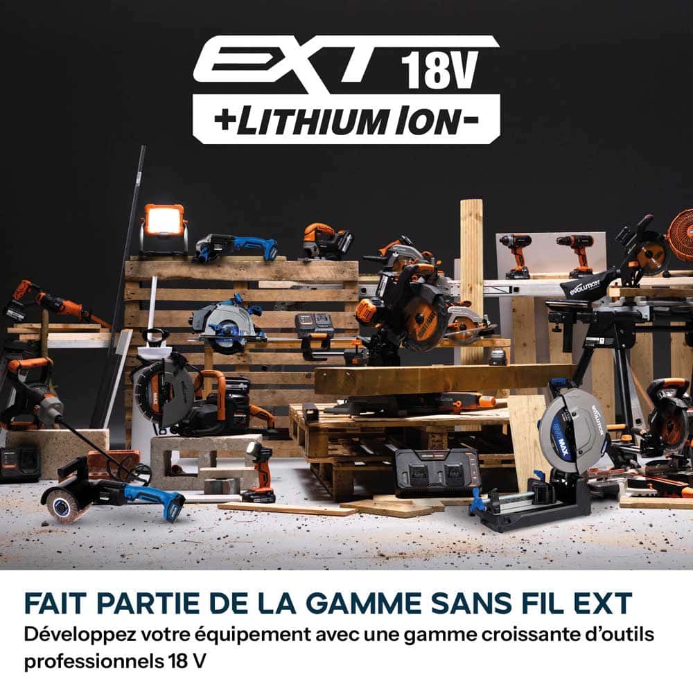 Pack Evolution : Scie à tronçonner sans fil de 355mm Evolution S355CPS-Li pour la coupe du métal avec batteries 8Ah et double chargeur + Support mobile pliable tout-terrain à vérin