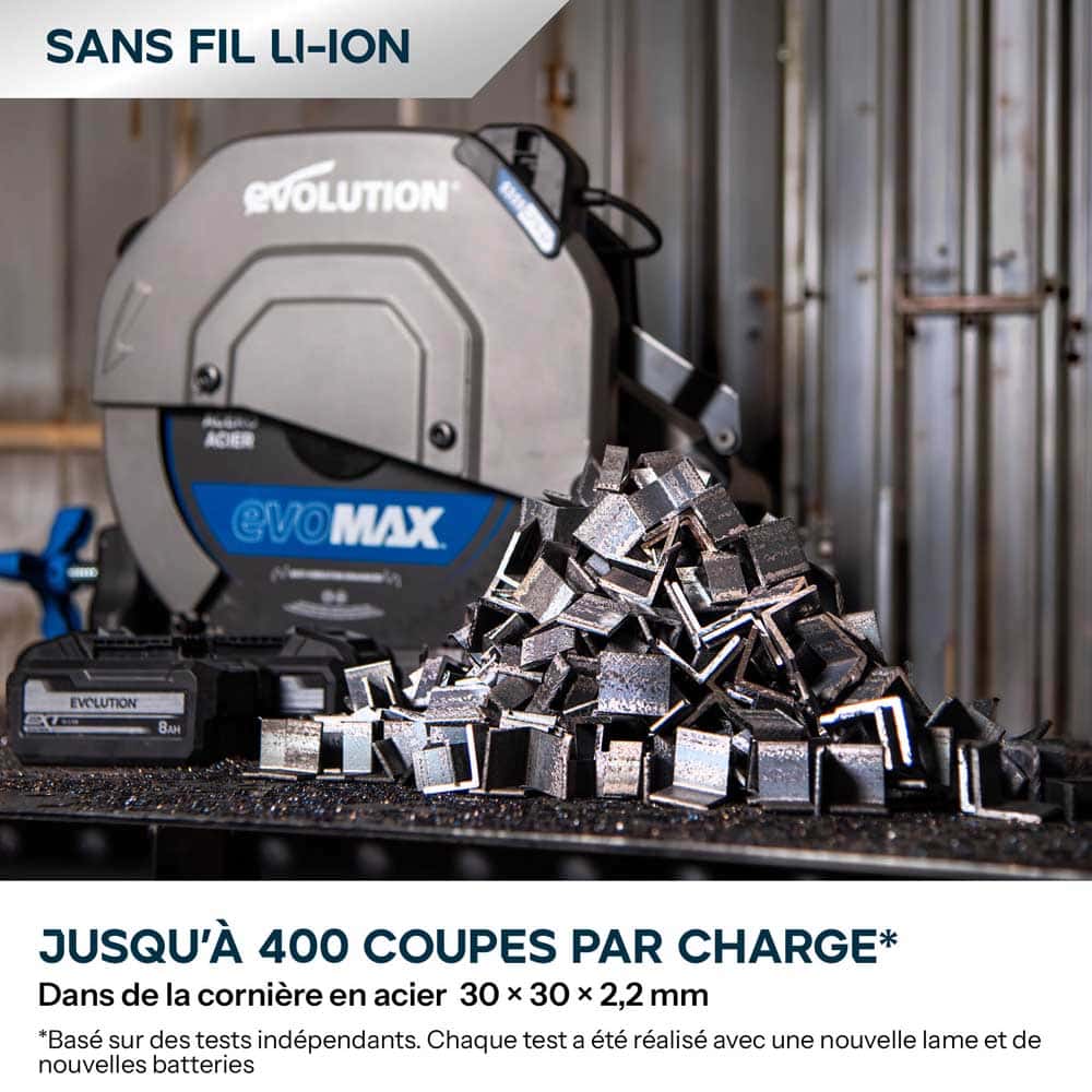 Pack Evolution : Scie à tronçonner sans fil de 355mm Evolution S355CPS-Li pour la coupe du métal avec batteries 8Ah et double chargeur + Support mobile pliable tout-terrain à vérin