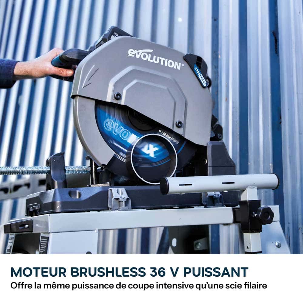 Pack Evolution : Scie à tronçonner sans fil de 355mm Evolution S355CPS-Li pour la coupe du métal avec batteries 8Ah et double chargeur + Support mobile pliable tout-terrain à vérin