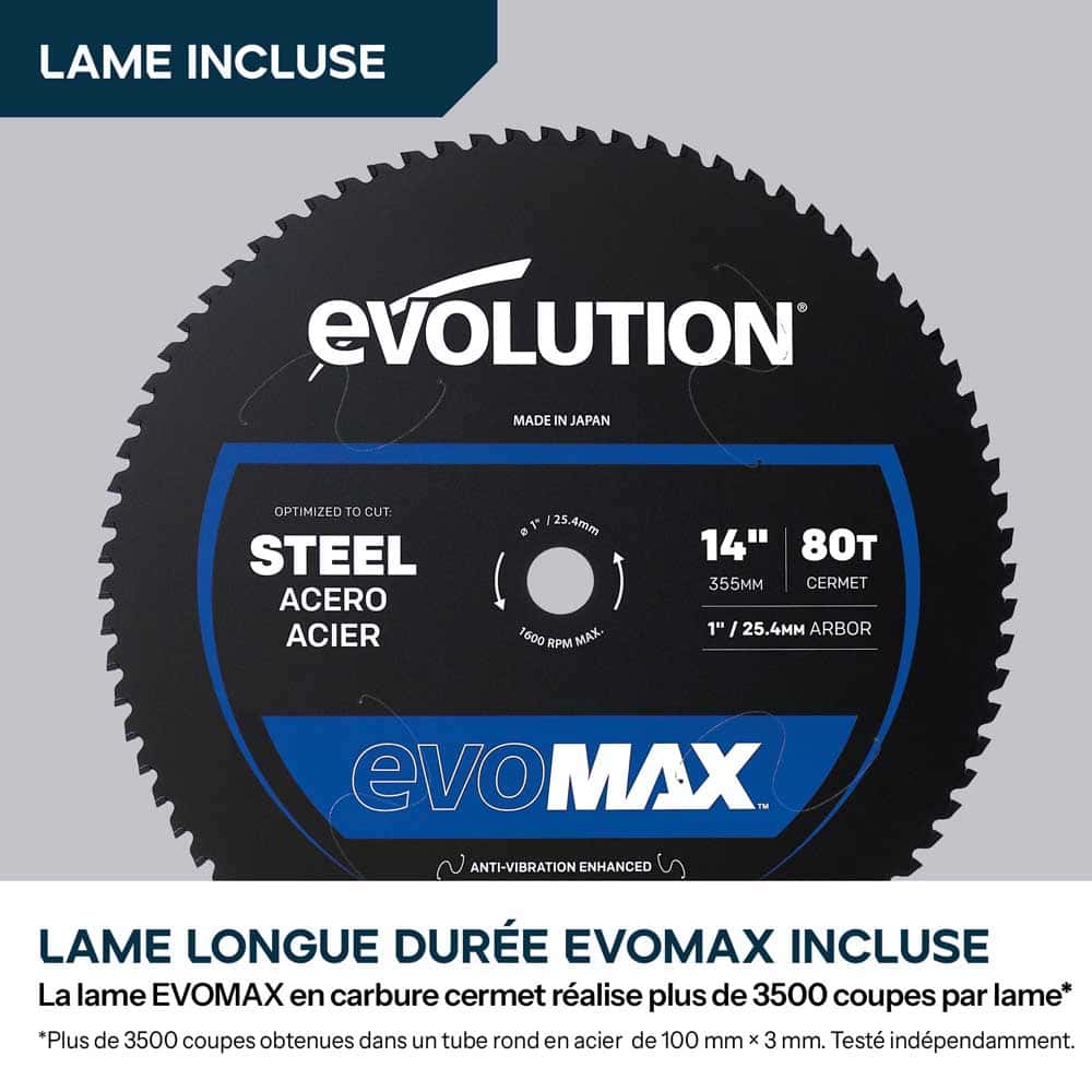 Pack Evolution : Scie à tronçonner sans fil de 355mm Evolution S355CPS-Li pour la coupe du métal avec batteries 8Ah et double chargeur + Support mobile pliable tout-terrain à vérin