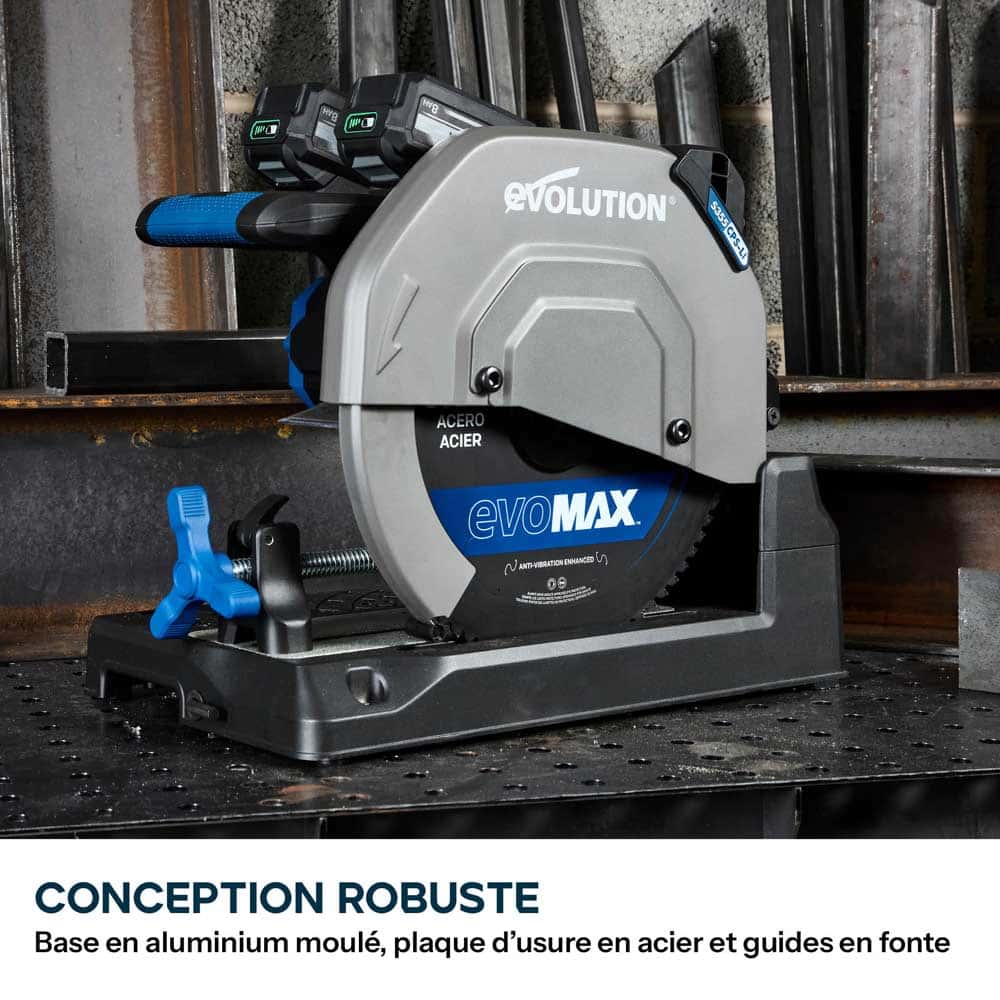 Pack Evolution : Scie à tronçonner sans fil de 355mm Evolution S355CPS-Li pour la coupe du métal avec batteries 8Ah et double chargeur + Support mobile pliable tout-terrain à vérin