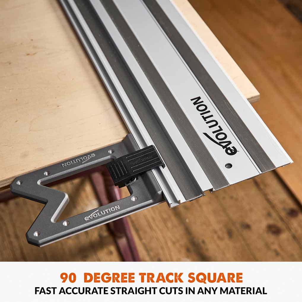 Kit d’accessoires pour rail de guidage de scie : équerre, guide-câble, butée et bande de protection.