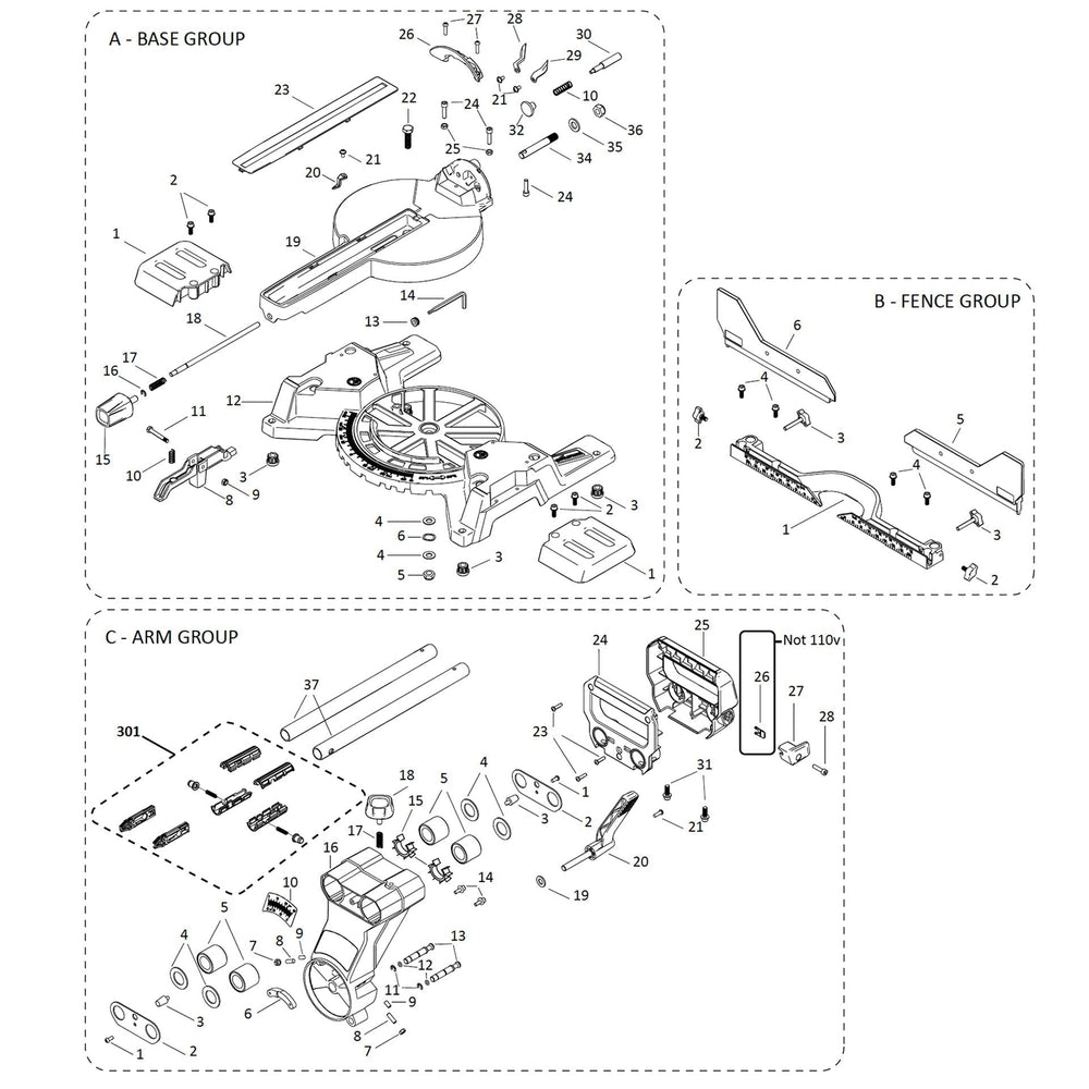 Evolution R255SMS-DB Scie à onglet radiale - Pièces détachées (Col, rails, base)