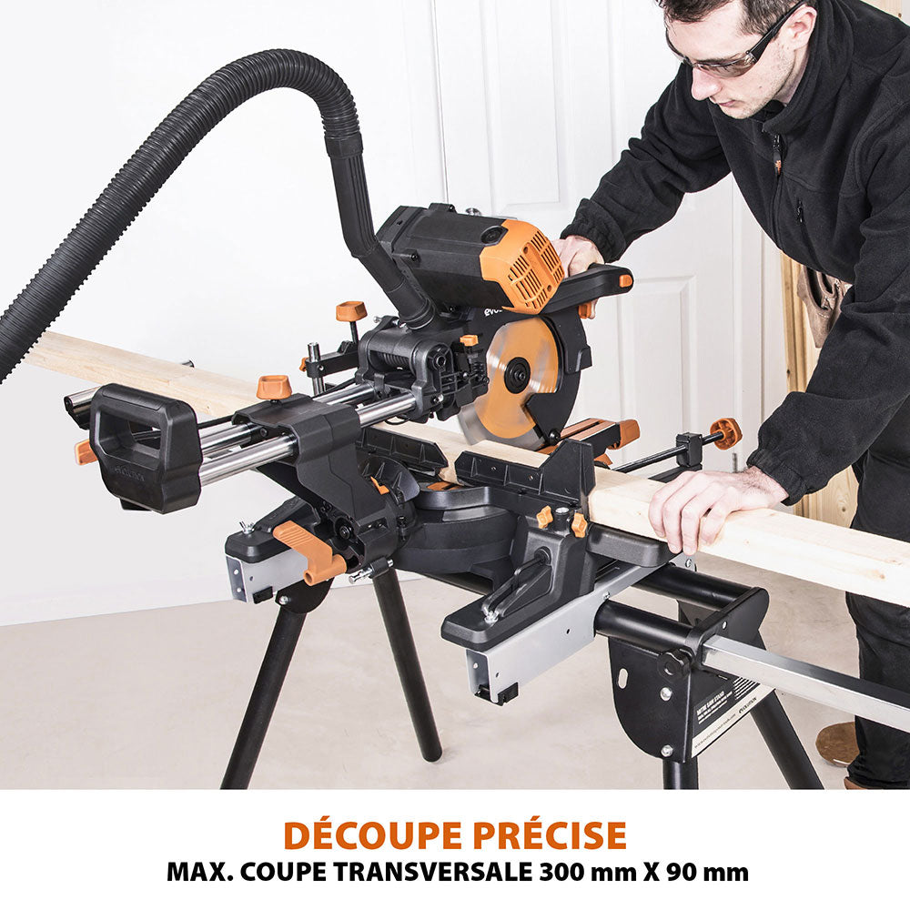 Pack Evolution : Scie à onglet électrique double biseau R255SMS-DB+ avec lame multi-matériaux TCT de 255mm + Support