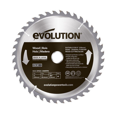 Lame à bois TCT 230mm 40 dents alésage 25.4mm Evolution pour scie circulaire