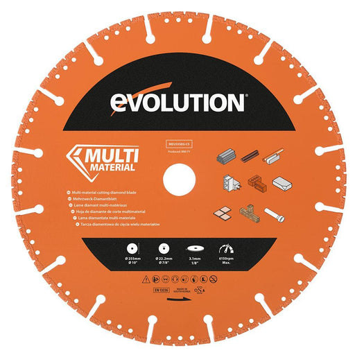Lame diamant Evolution bord segmenté Evolution 255 mm, alésage 22,2 mm, multi-usages, pour la coupe du métal
